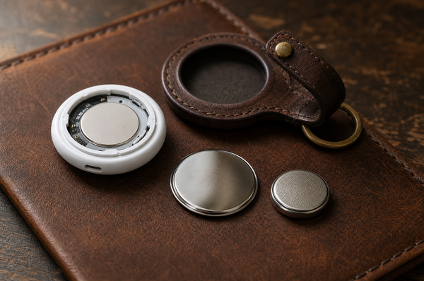 An opened white tracker showing its battery bay, with the polished steel cover and a CR2032 coin cell lying beside it, next to an empty brown leather AirTag holder on a brass key ring