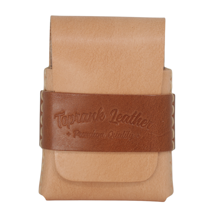 Slade Slim Bench Edition two-tone card holder in Natural with a brown leather strap embossed with the Toprank Leather stamp. #Natural-Brown