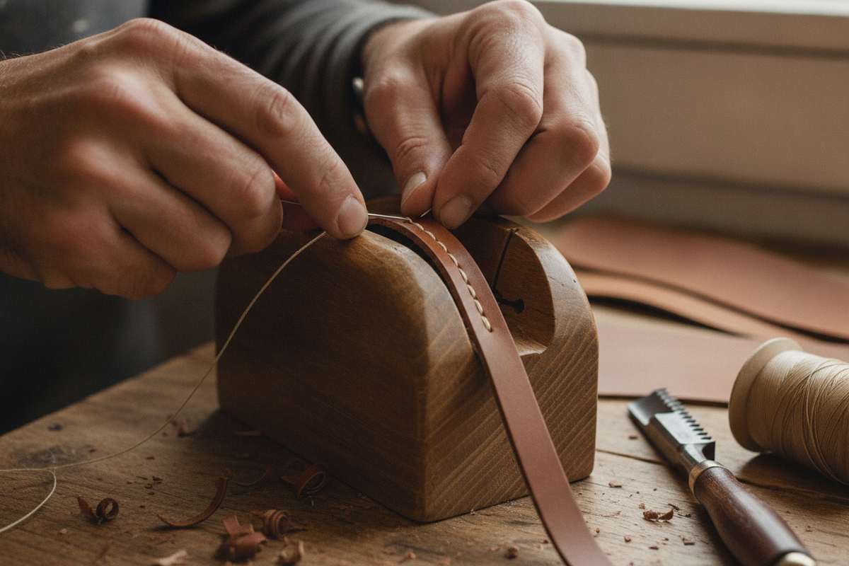 Hands saddle-stitching a leather strap in a stitching clam at our workshop bench