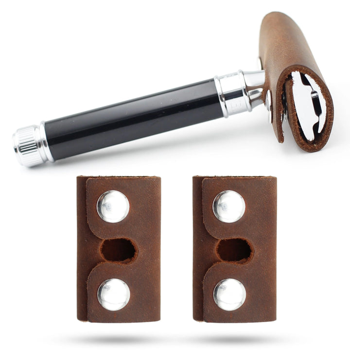 Tan leather safety razor head cases, 2-pack with snap closure #Tan-2-Pack