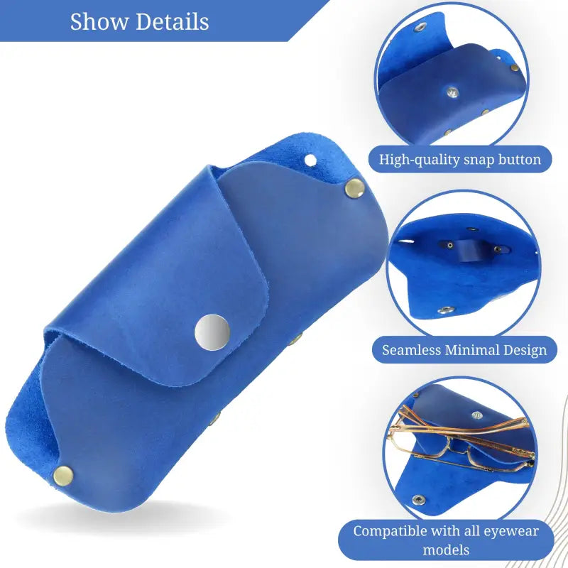 Blue leather eyeglass case for sunglasses and glasses, slim leather eyeglass case design