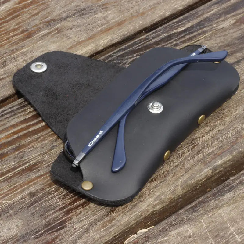 Blue eyeglasses in a premium leather eyeglass case, slim leather sunglasses case
