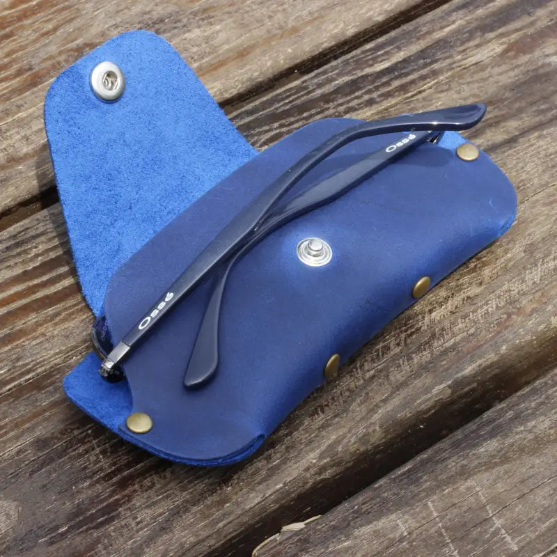 Blue leather eyeglass case with glasses, premium slim eyeglass and sunglasses case
