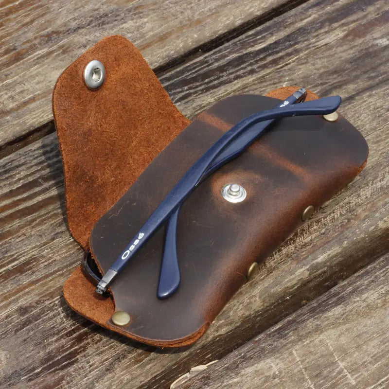Premium Leather Eyeglass & Sunglasses Case with blue glasses inside