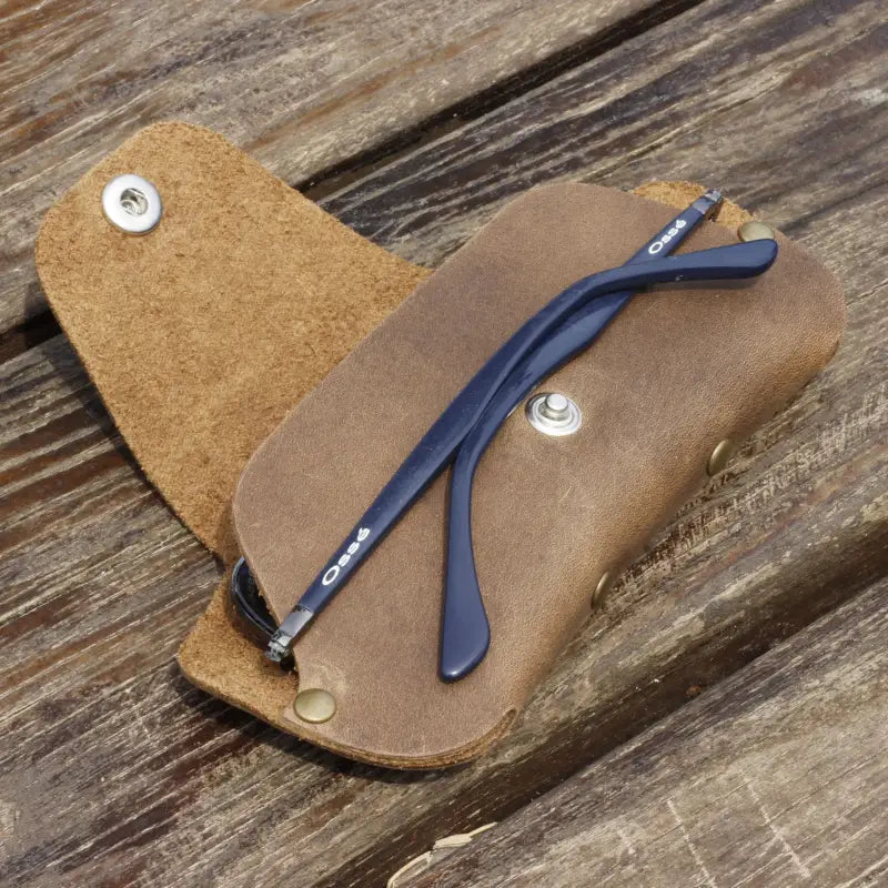 Blue eyeglass temples inside a premium leather eyeglass case in a brown leather sunglasses case