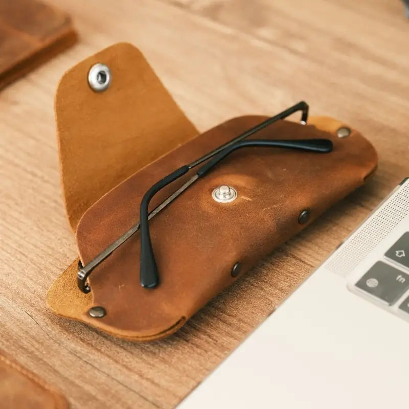 Brown leather eyeglass case with glasses, premium slim leather sunglasses case