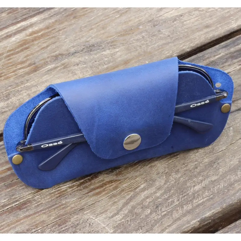 Blue leather eyeglass case for sunglasses and glasses, slim and stylish design