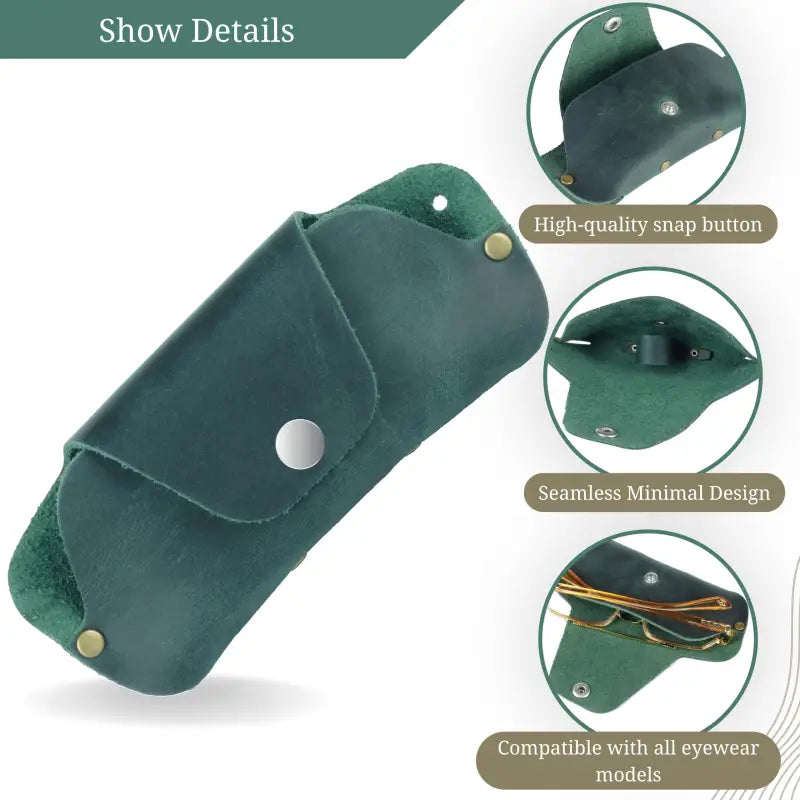 Green leather eyeglass case for sunglasses and glasses, slim and premium leather design