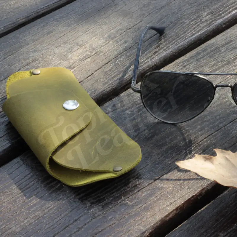 Olive-green Leather Eyeglass and Sunglasses Case with Snap Closures, Slim Leather Eyeglass Case