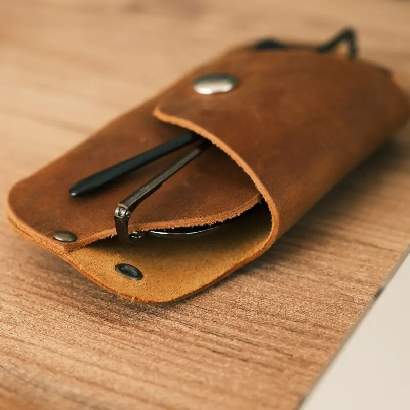 Brown leather eyeglass case for sunglasses, slim leather eyeglass case for stylish storage