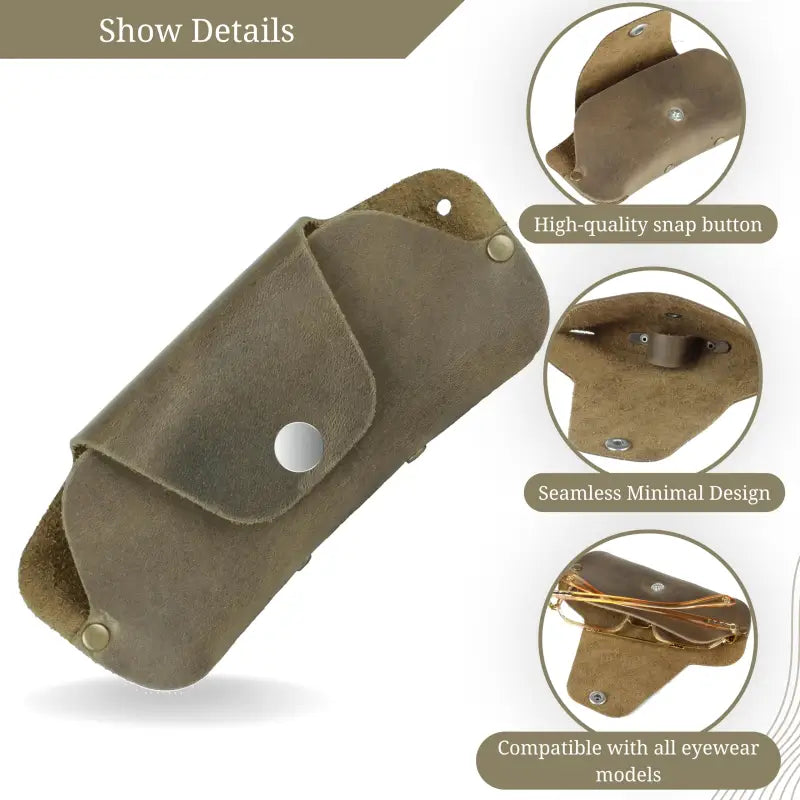Premium Leather Eyeglass & Sunglasses Case with Snap Closure, Slim Leather Eyeglass Case