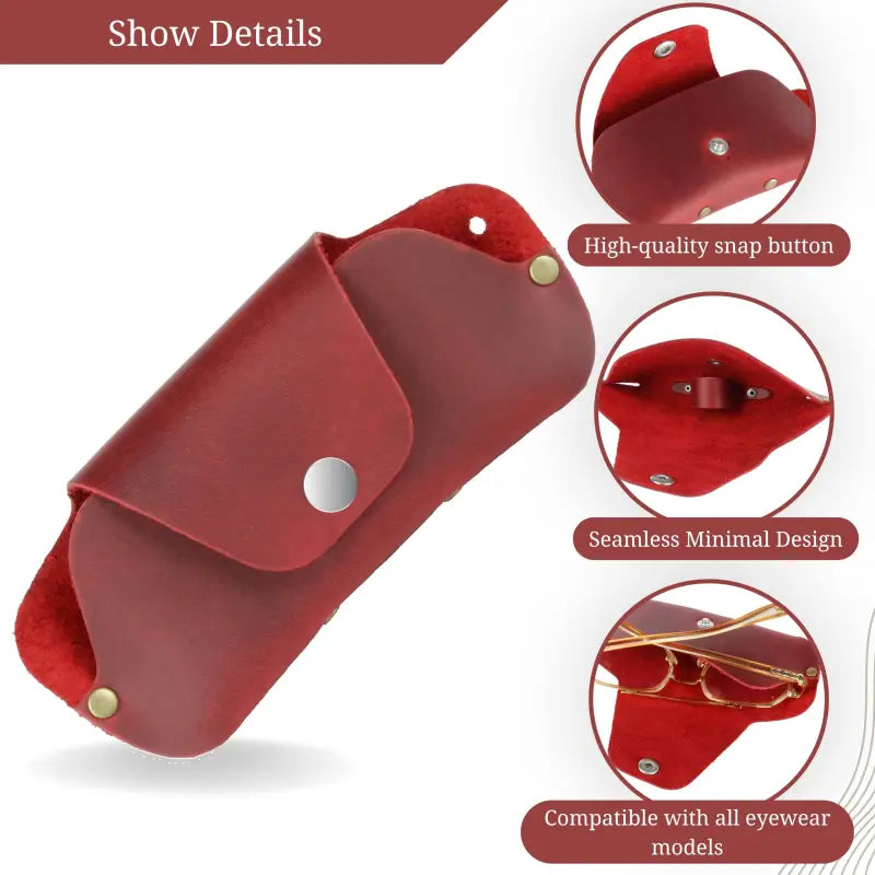Red leather eyeglass and sunglasses case, slim leather eyeglass case for protection