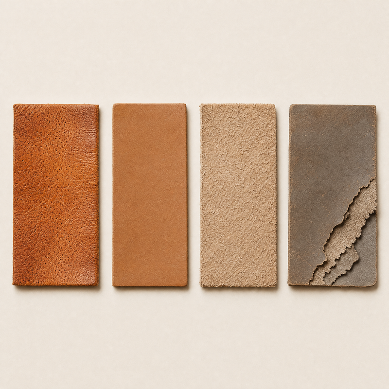 Four leather grades side by side: full grain with visible pores, smooth coated top grain, pale fibrous split, and bonded leather peeling away from its backing