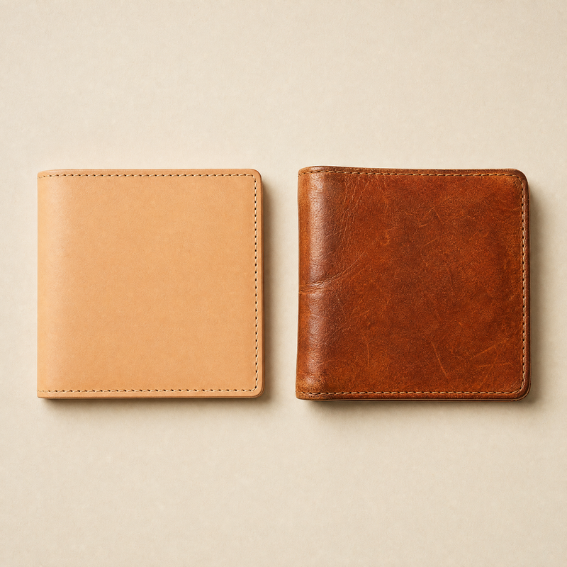 Two identical full grain vegetable tanned leather wallets side by side: one brand new in pale natural tan, the other deep amber brown after years of daily carry