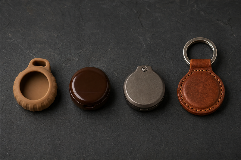 Four AirTag holders in a row on dark slate: an open ribbed silicone sleeve, a glossy hard plastic shell, a matte metal case closed with a screw, and a hand stitched leather fob on a steel key ring
