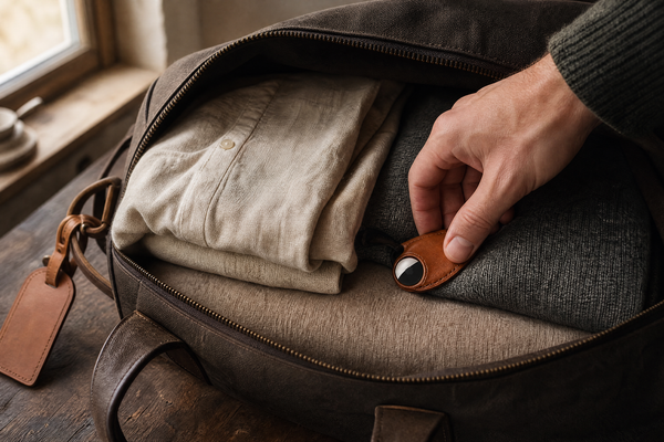 A hand tucking a tan leather AirTag holder deep between a folded linen shirt and a wool sweater inside an open travel bag, with a leather luggage tag hanging from the strap