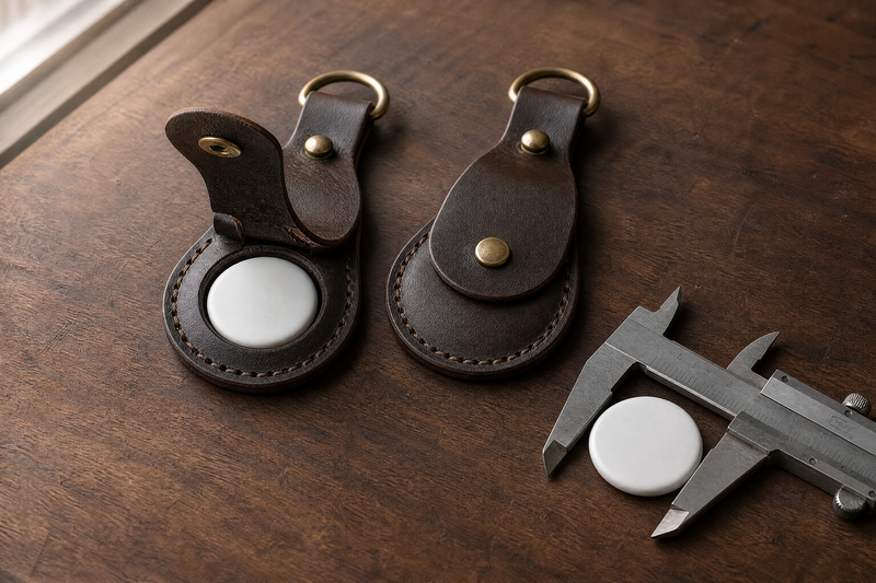 Two dark brown leather AirTag holder keychains on a walnut workbench, the left one open with a plain white tracker disc seated in its stitched recess, beside steel vernier calipers measuring a second disc