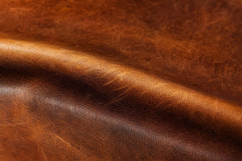 Close-up of tan waxed Crazy Horse leather with a fold running across it, the leather lightening to a pale honey tone where it bends
