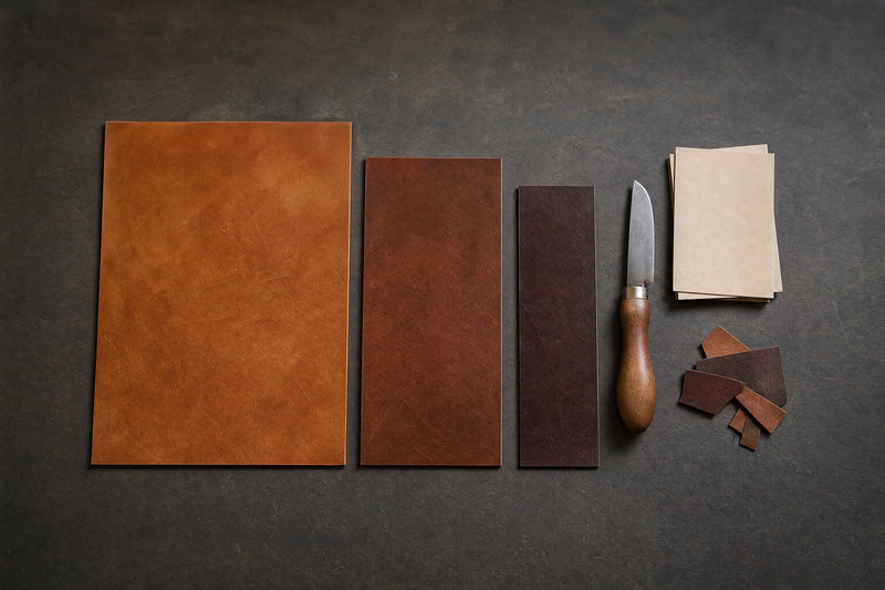 Three rectangular sheets of tan and brown full grain leather in decreasing sizes laid out on a dark workshop surface beside a leather knife, blank pattern card and offcut scraps