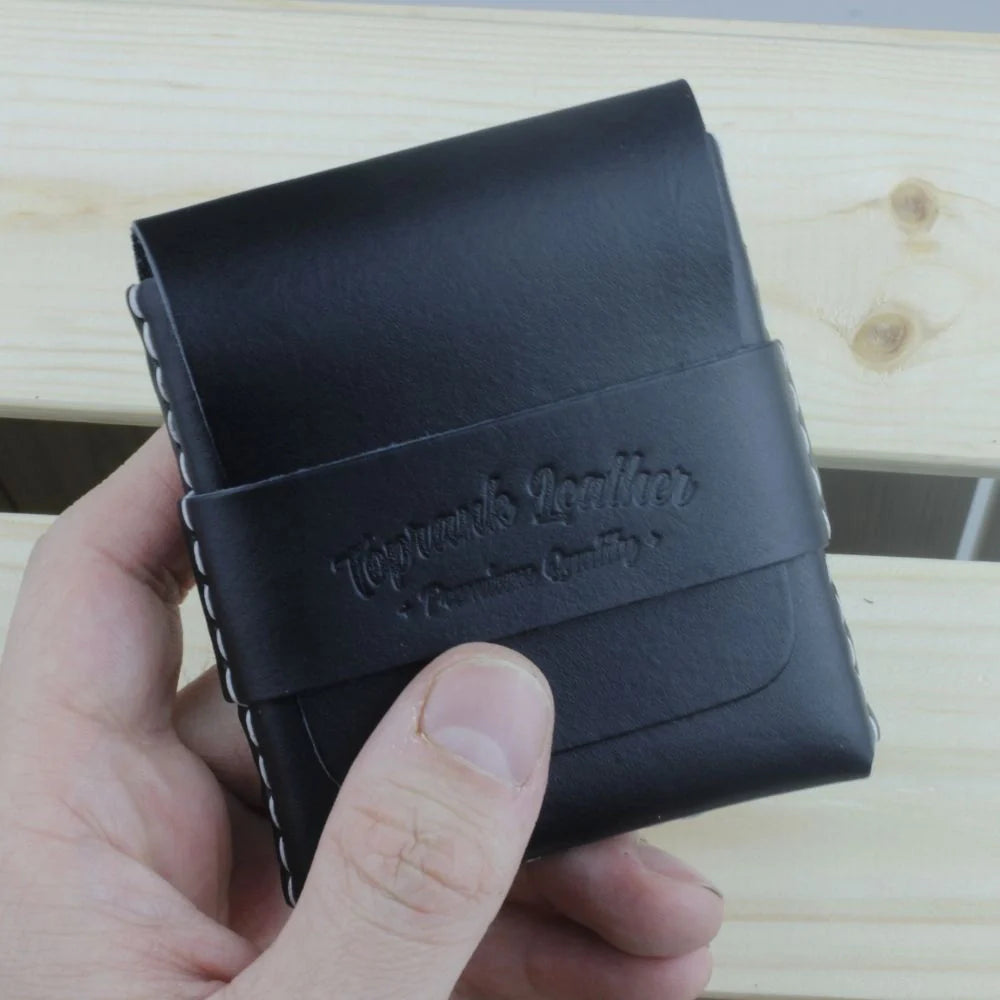 Black leather wallet with white stitching in a collection of Personalized Leather Wallet.