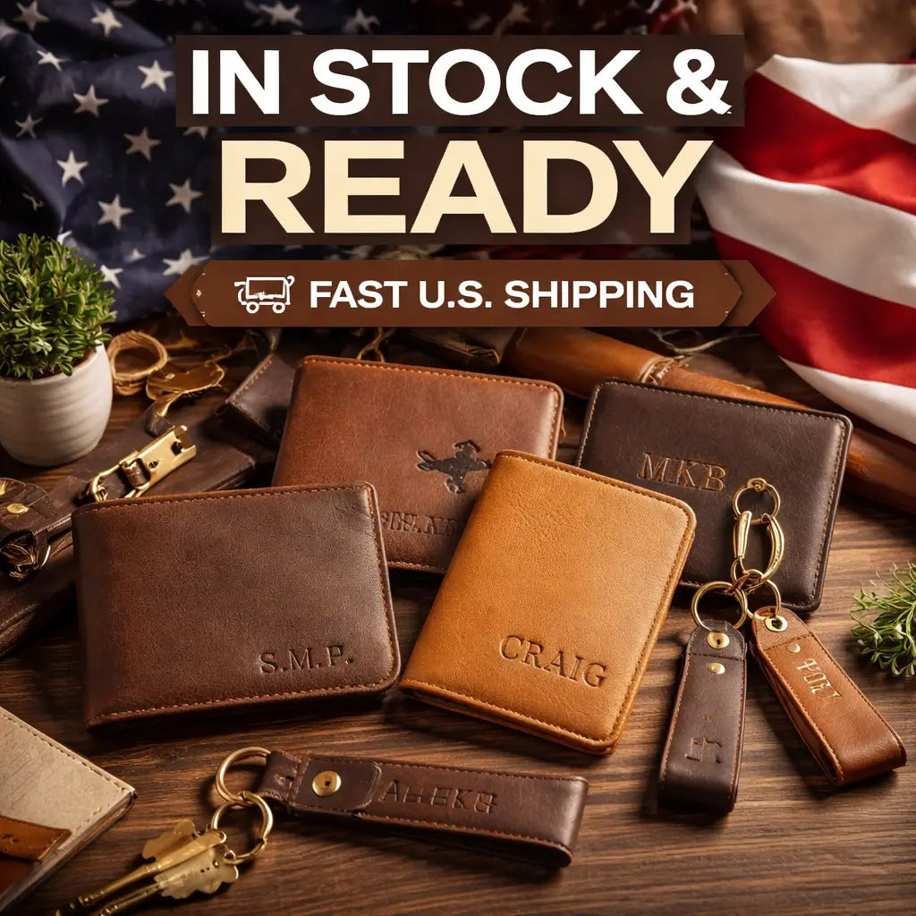 Blue leather luggage tag from the Ready to Ship Leather Accessories collection