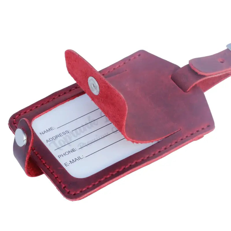 Blue leather luggage tag from the Ready to Ship Leather Accessories collection