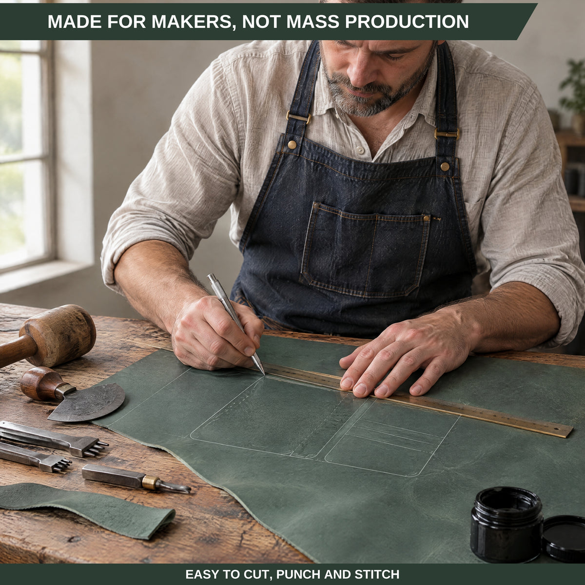 A man wearing a dark denim apron sits at a wooden workbench, marking out a green leather sheet with a ruler and pencil. The scene includes crafting tools and a small black ink bottle, with text banners at the top and bottom reading 'MADE FOR MAKERS, NOT MASS PRODUCTION' and 'EASY TO CUT, PUNCH AND STITCH'. 