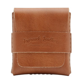 Brown leather pouch with 'Toprak Leather' branding on a white background 