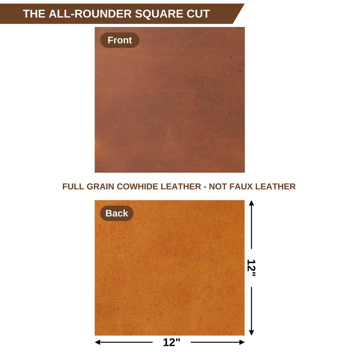 A product information graphic showing a square brown leather sample labeled Front and Back, with text reading 'THE ALL-ROUNDER SQUARE CUT' and 'FULL GRAIN COWHIDE LEATHER - NOT FAUX LEATHER.' The lower sample includes dimension arrows and labels indicating 12 by 12 inches. 