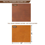 A product information graphic showing a square brown leather sample labeled Front and Back, with text reading 'THE ALL-ROUNDER SQUARE CUT' and 'FULL GRAIN COWHIDE LEATHER - NOT FAUX LEATHER.' The lower sample includes dimension arrows and labels indicating 12 by 12 inches. 