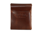 A brown leather pouch with a flap closure, featuring an embossed 'Topmark Leather' logo on the front, set against a plain white background. 