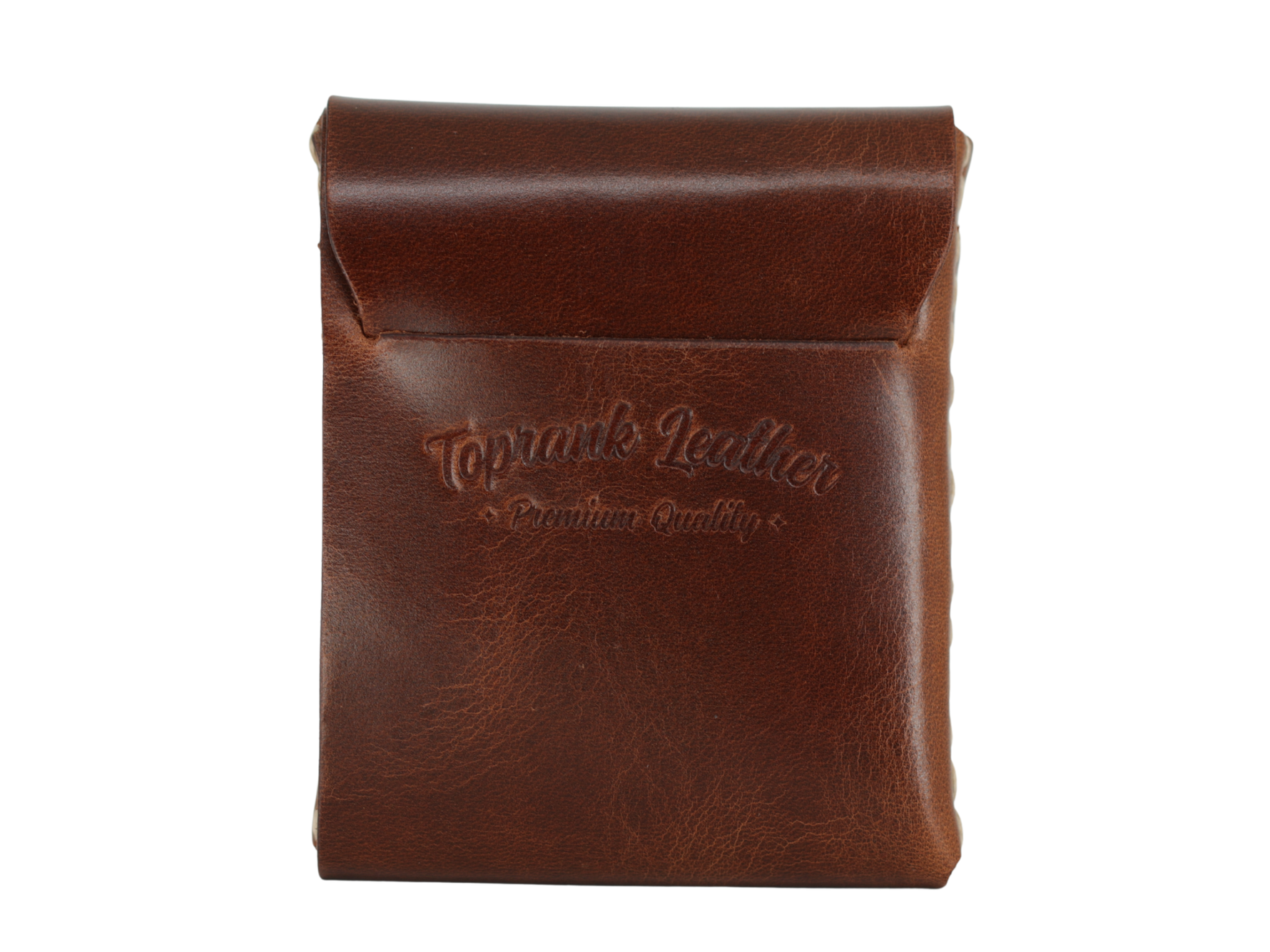 A brown leather pouch with a flap closure, featuring an embossed 'Topmark Leather' logo on the front, set against a plain white background. #Dublin-Tan