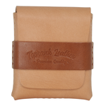 A tan leather pouch with a brown leather strap across the middle embossed with the brand name 'Toprank Leather' and 'Premium Quality'. 