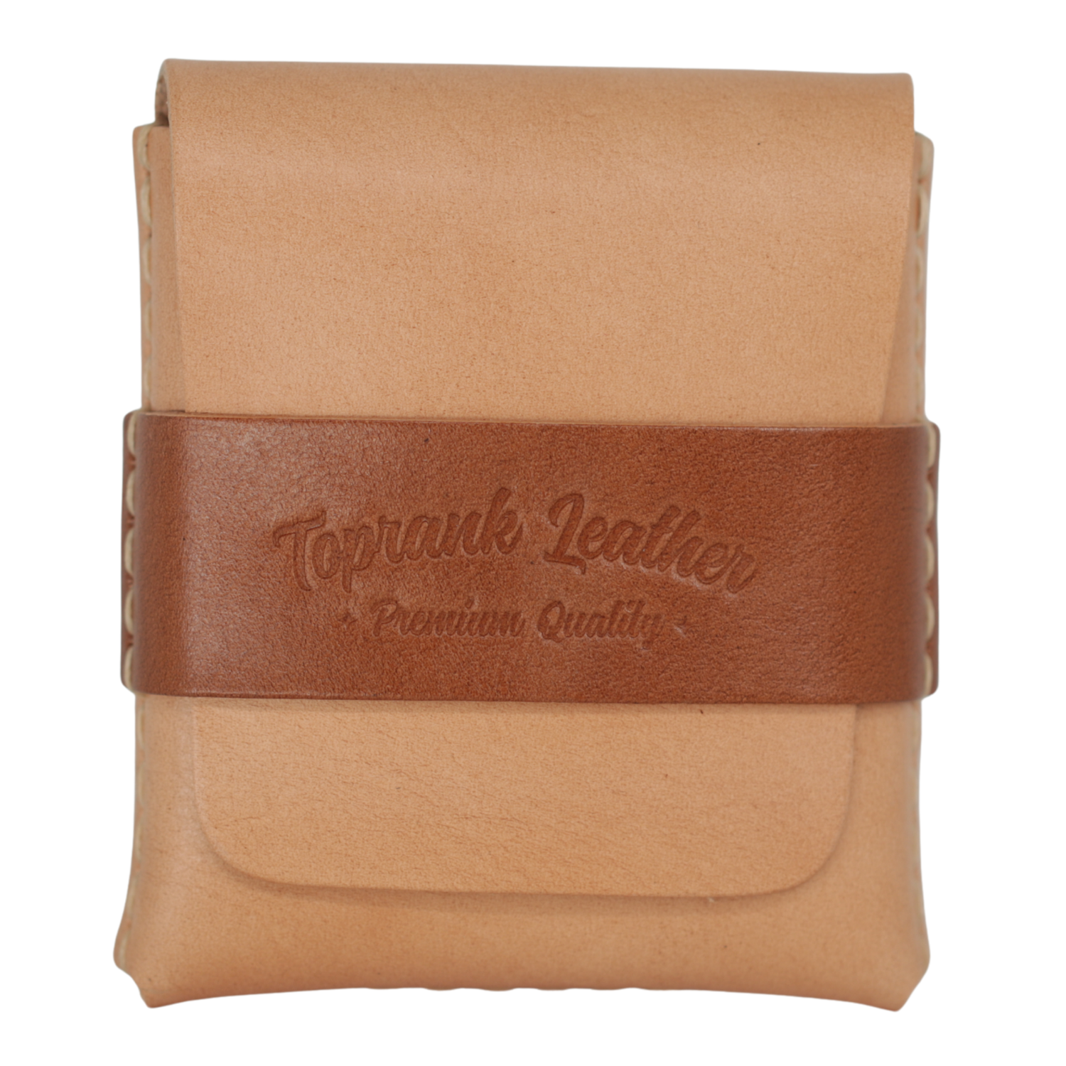 A tan leather pouch with a brown leather strap across the middle embossed with the brand name 'Toprank Leather' and 'Premium Quality'.