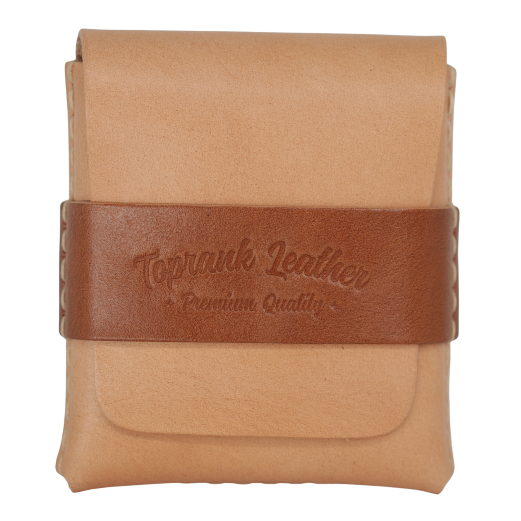 A tan leather pouch with a brown leather strap across the middle embossed with the brand name 'Toprank Leather' and 'Premium Quality'. #Natural-Brown