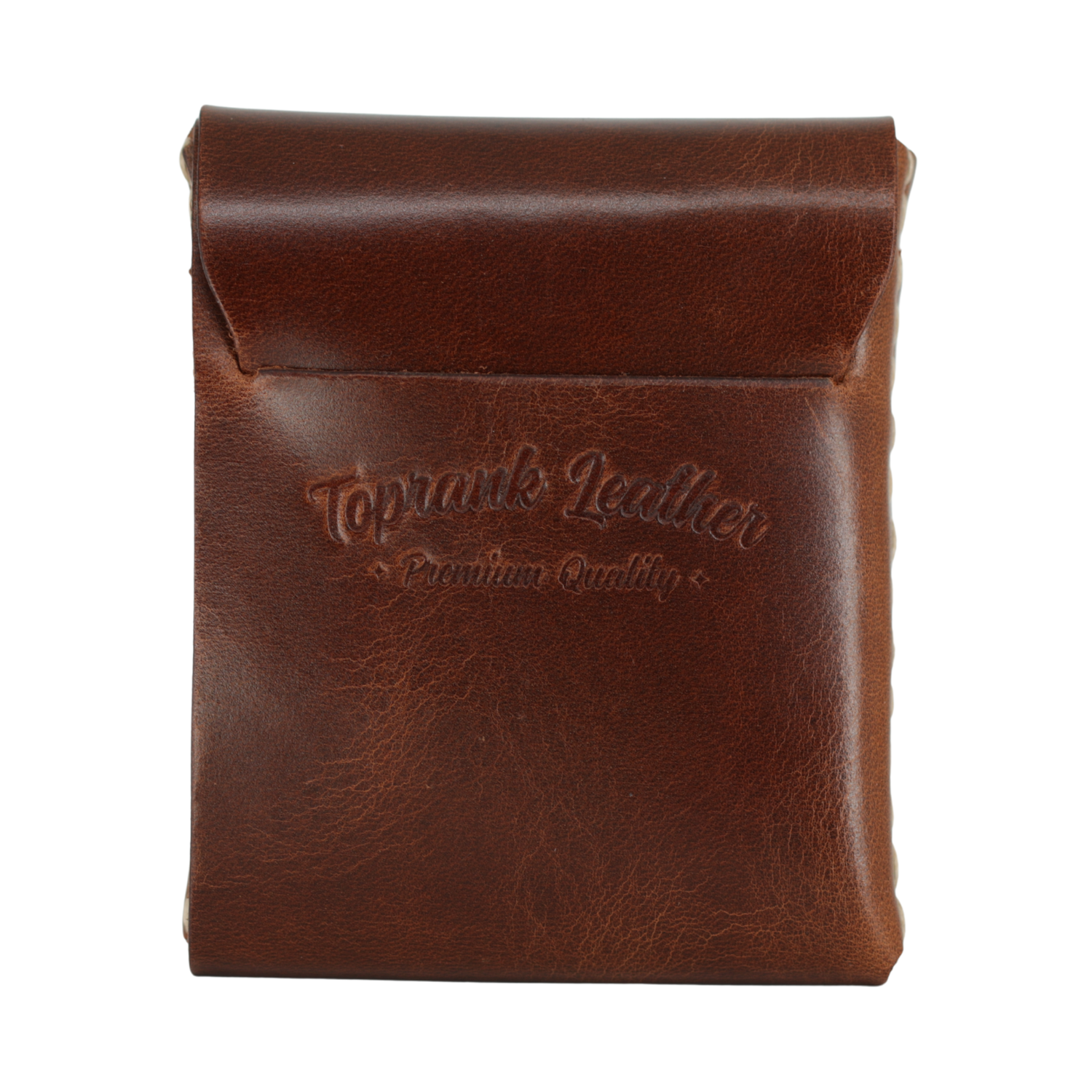 A brown leather card holder or cigarette case with a flap closure, featuring an embossed 'Toprock's Leather Premium Quality' logo on the front, set against a plain white background.