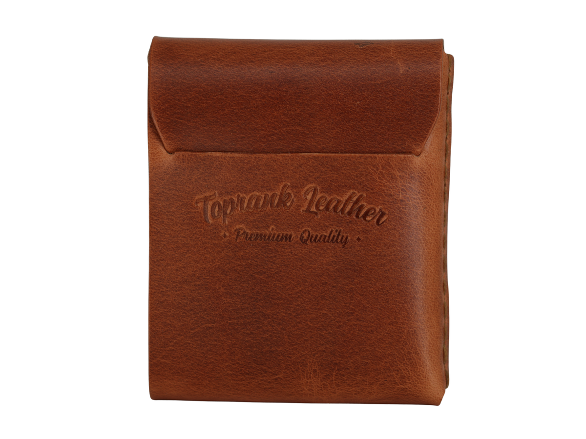 Gable full grain leather flap wallet in Crazy Camel, closed, with the embossed Toprank Leather logo. 