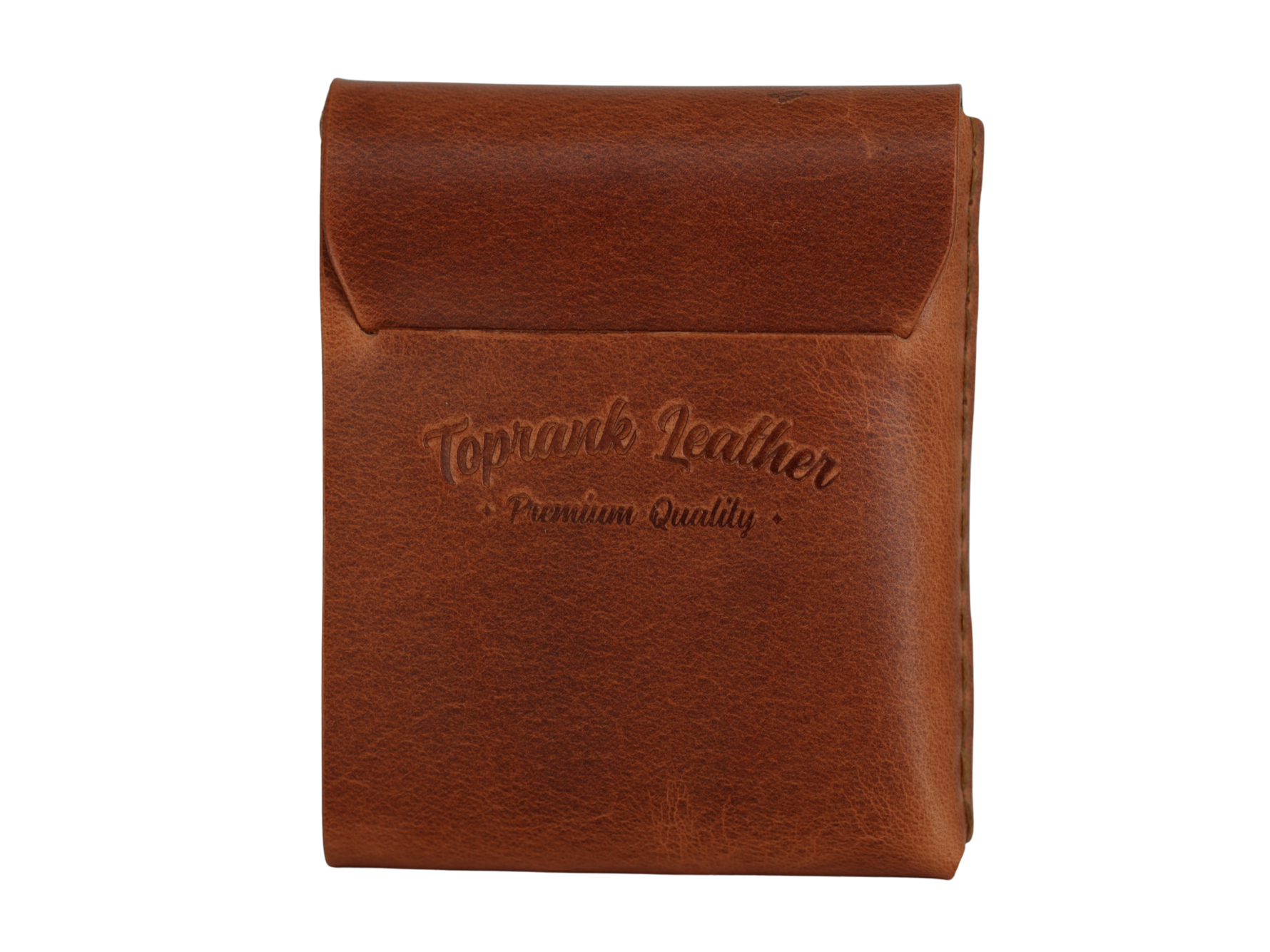 Gable full grain leather flap wallet in Crazy Camel, closed, with the embossed Toprank Leather logo. 