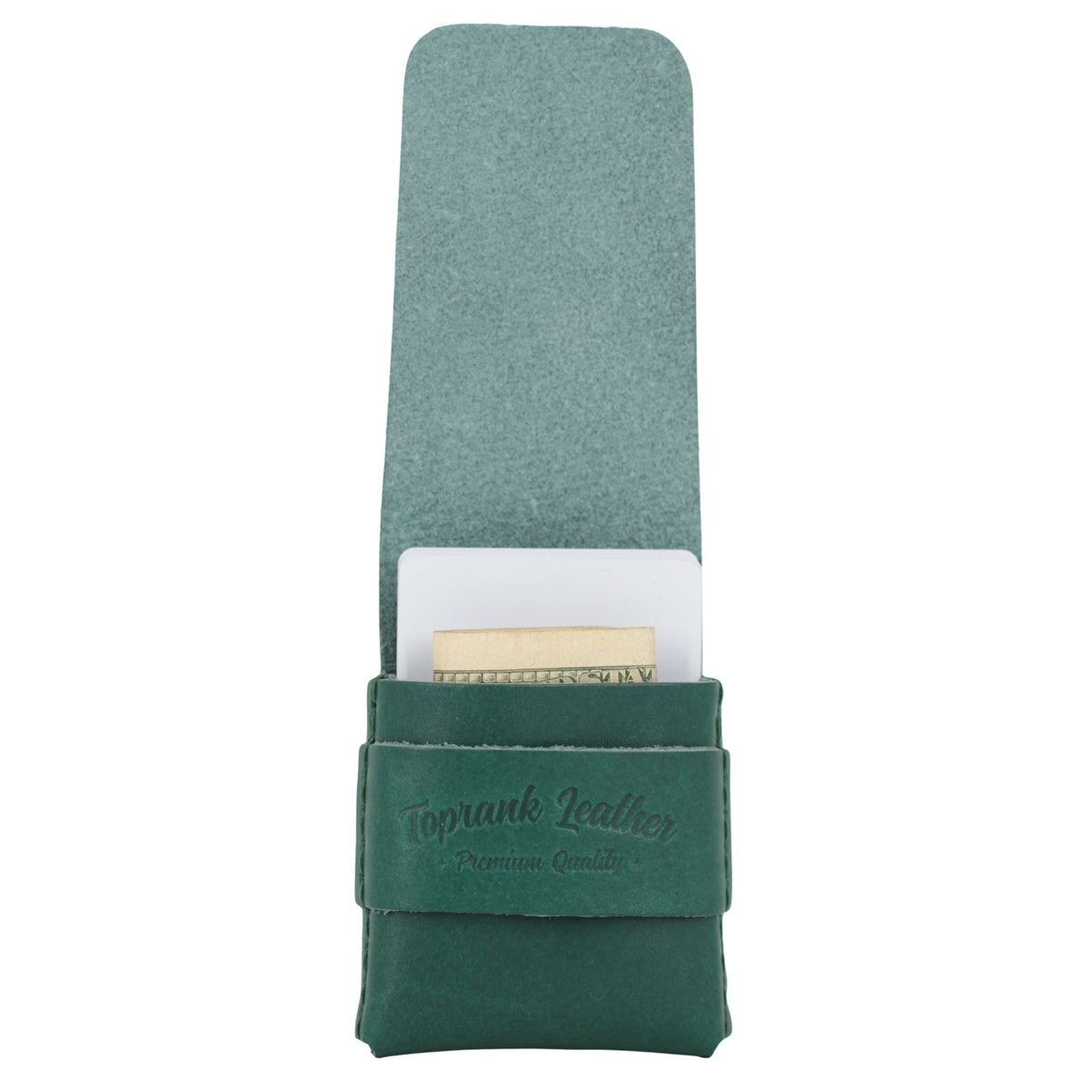 Green leather case with a white interior holding a gold item on a white background 