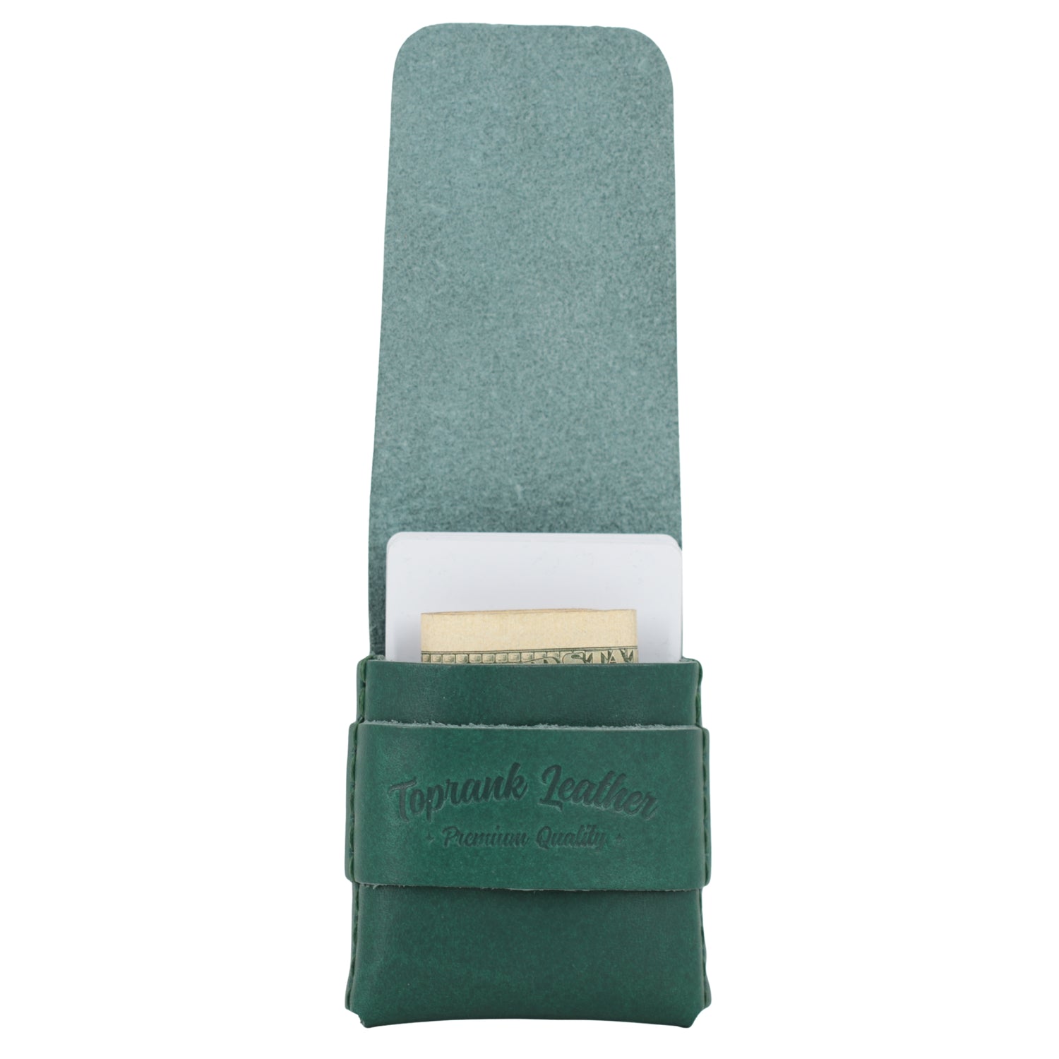 Green leather case with a white interior holding a gold item on a white background