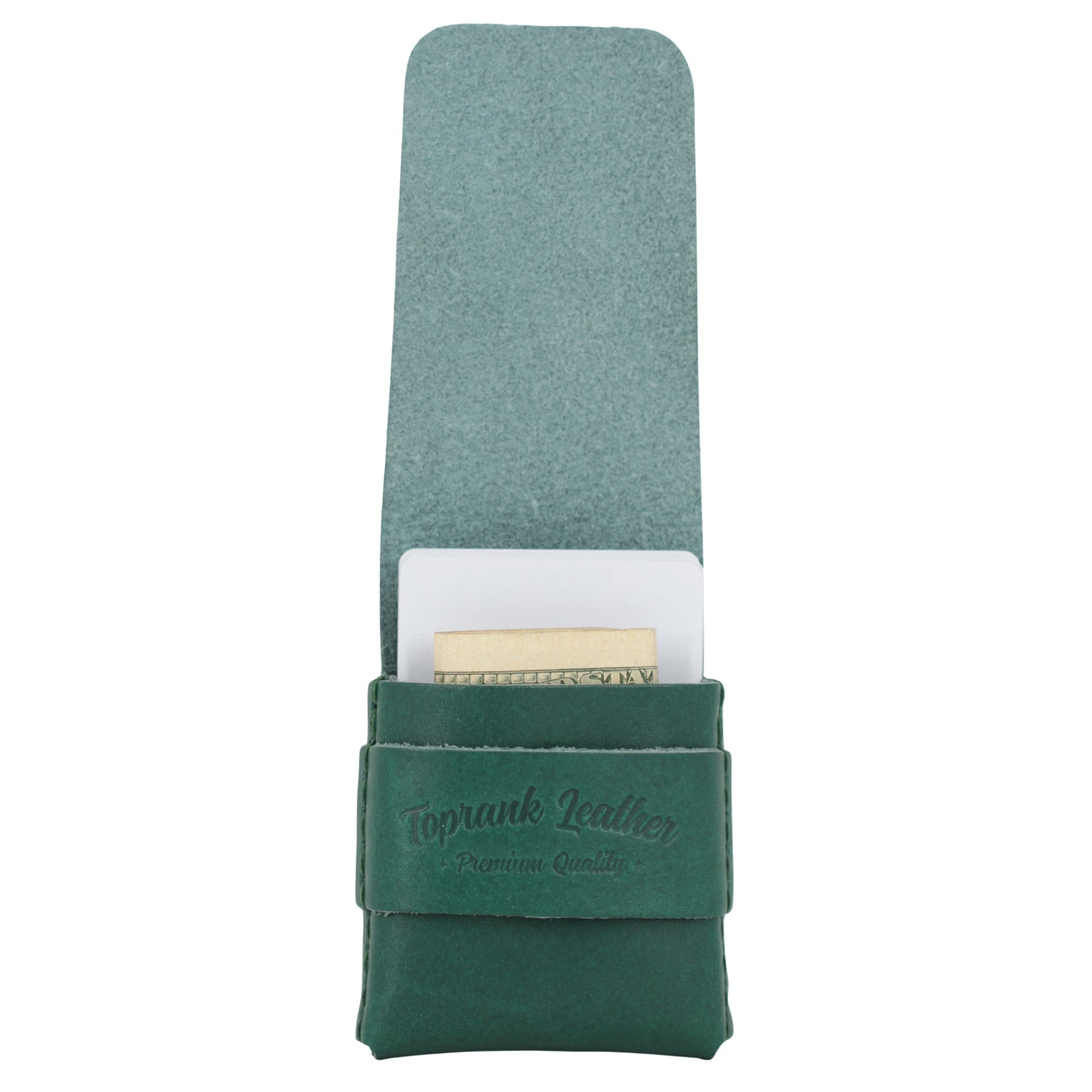 Green leather case with a white interior holding a gold item on a white background 