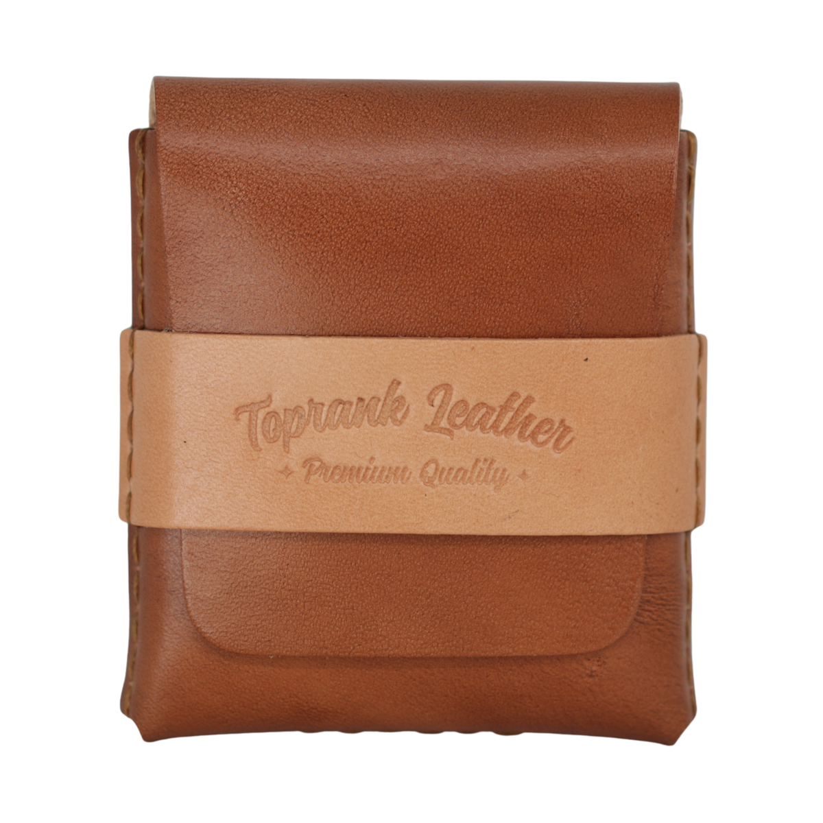 A brown leather card holder wallet with a tan leather band around the middle embossed with 'Toprank Leather + Premium Quality +'.  