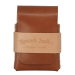 A brown leather card holder wallet with a tan leather band around the middle that reads 'Toprank Leather + Premium Quality +'. 