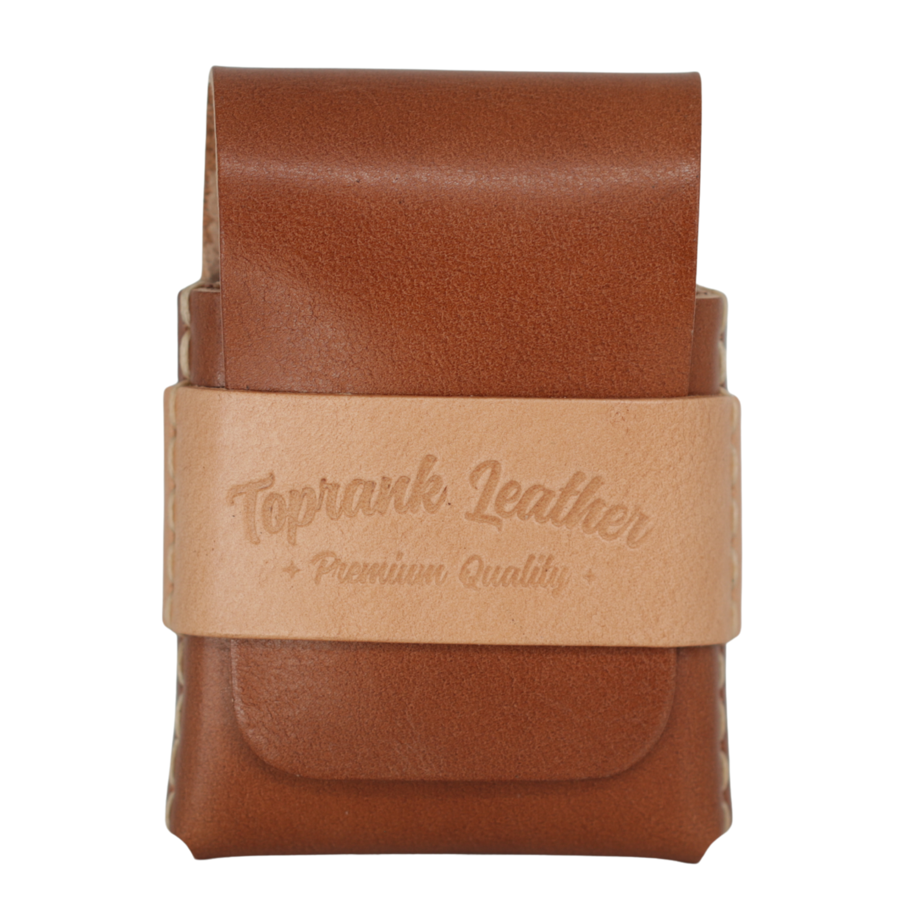 A brown leather card holder wallet with a tan leather band around the middle that reads 'Toprank Leather + Premium Quality +'. 