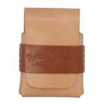 Slade Slim Bench Edition two-tone card holder in Natural with a brown leather strap embossed with the Toprank Leather stamp. 