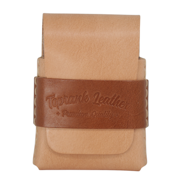A tan leather pouch with a brown leather strap across the middle embossed with the brand name 'Toprank's Leather'. 
