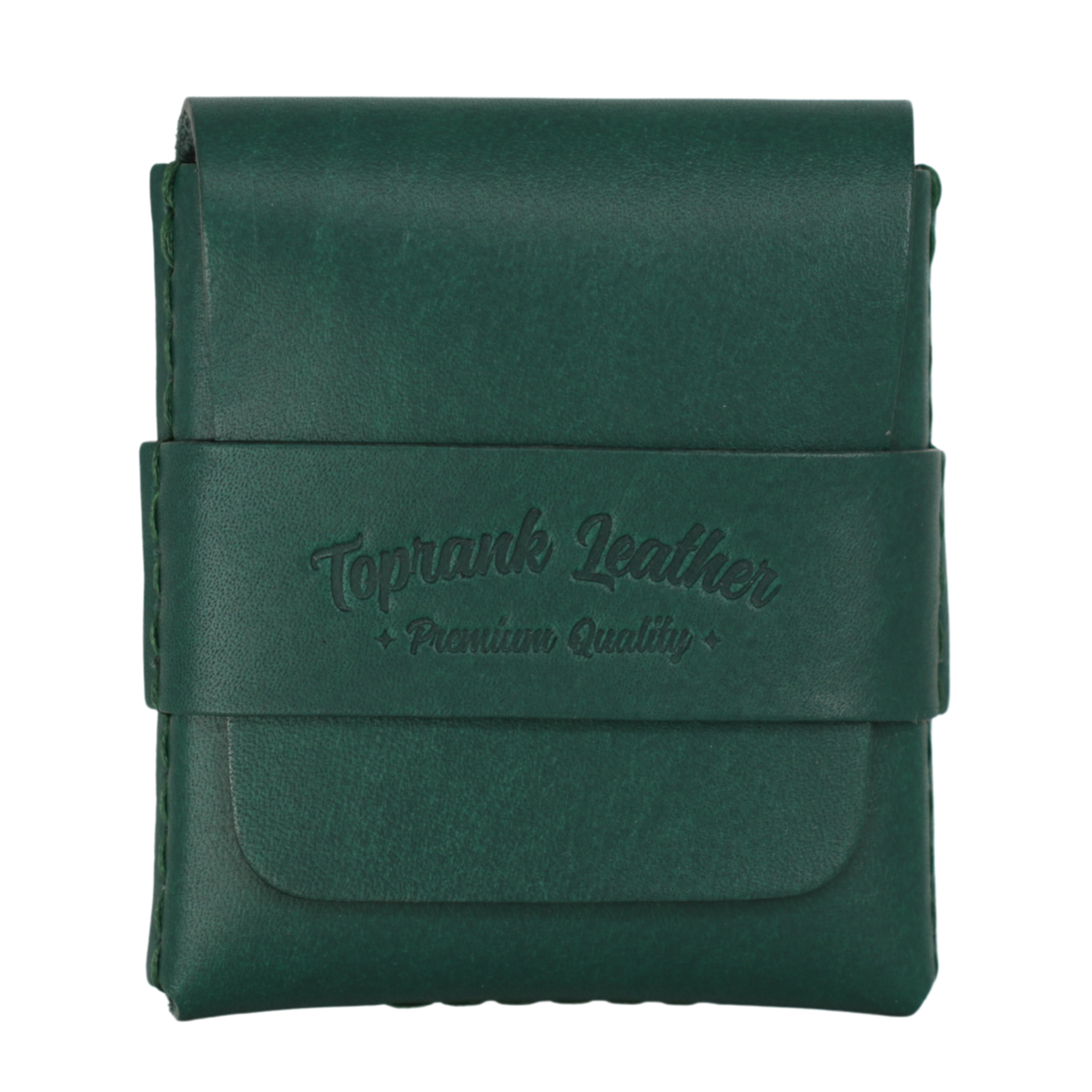 A dark green leather card holder or small wallet with a wrap-around strap embossed with the brand name 'Toprank Leather' and 'Premium Quality', shown on a plain white background. 