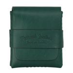 A dark green leather card holder or small wallet with a wrap-around strap embossed with the brand name 'Toprank Leather' and 'Premium Quality', shown on a plain white background. 