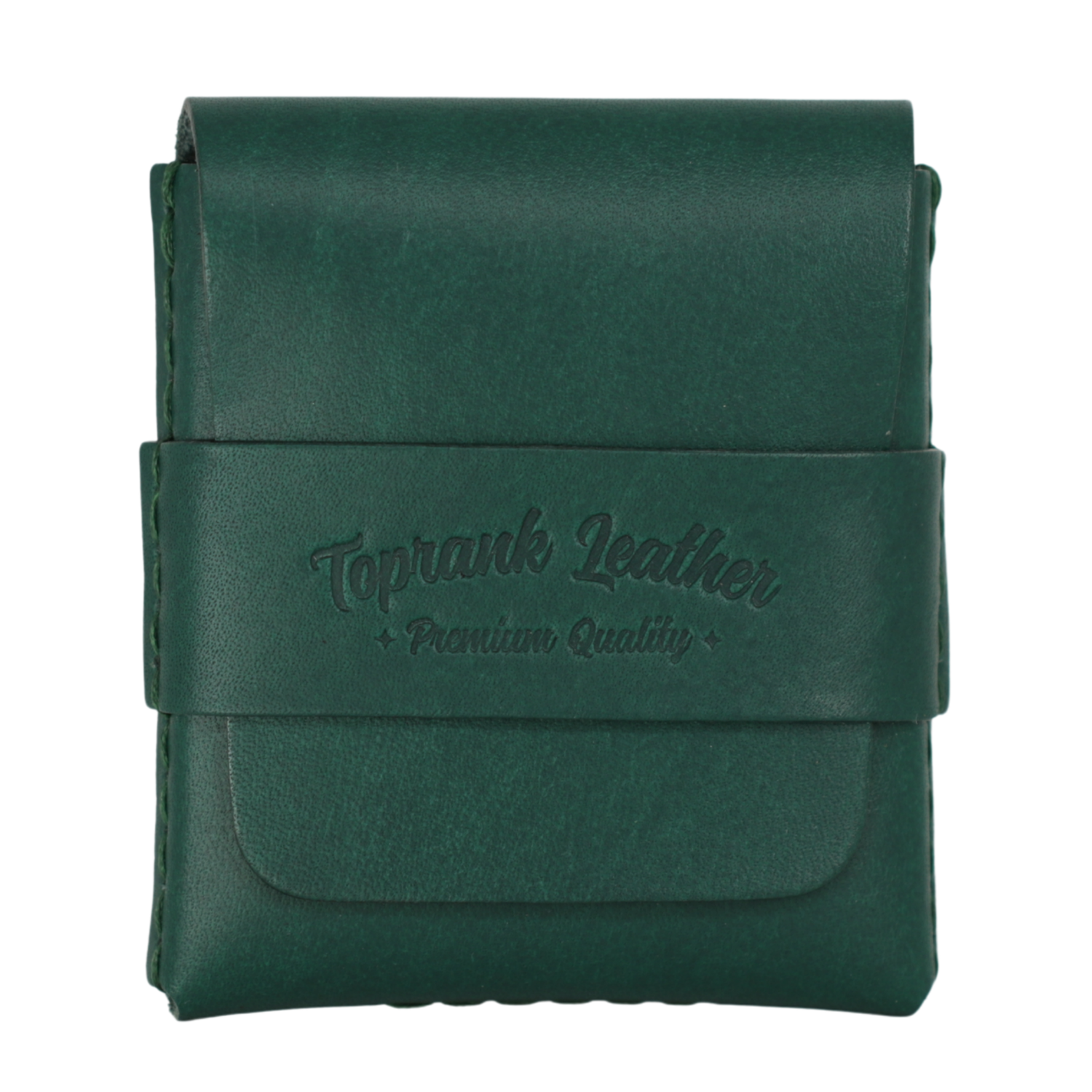 A dark green leather card holder or small wallet with a wrap-around strap embossed with the brand name 'Toprank Leather' and 'Premium Quality', shown on a plain white background.