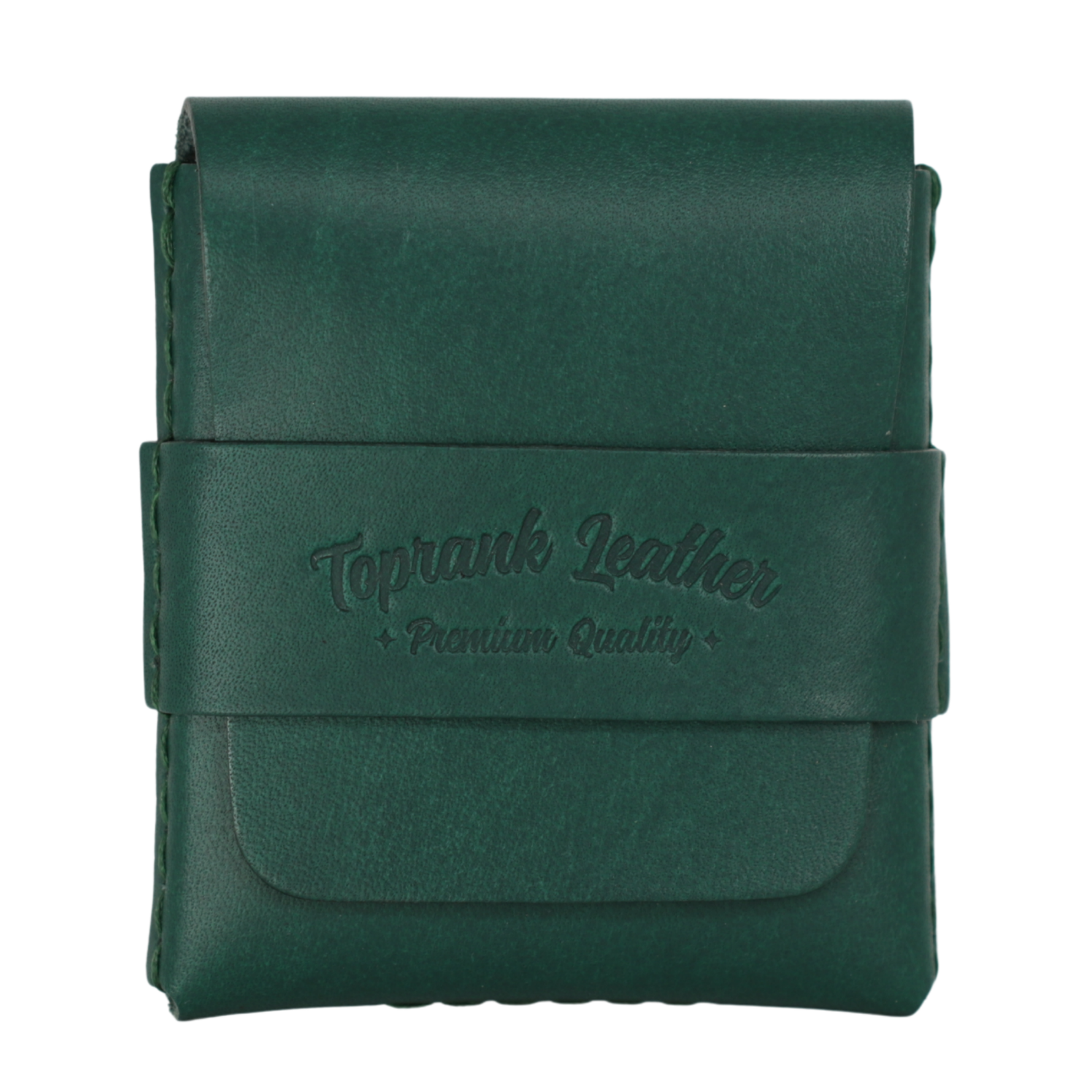 A dark green leather card holder or small wallet with a wrap-around strap embossed with the brand name 'Toprank Leather' and 'Premium Quality', shown on a plain white background. 
